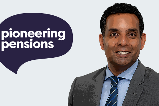 Portrait of Samir Sinha next to the Pioneering Pensions logo